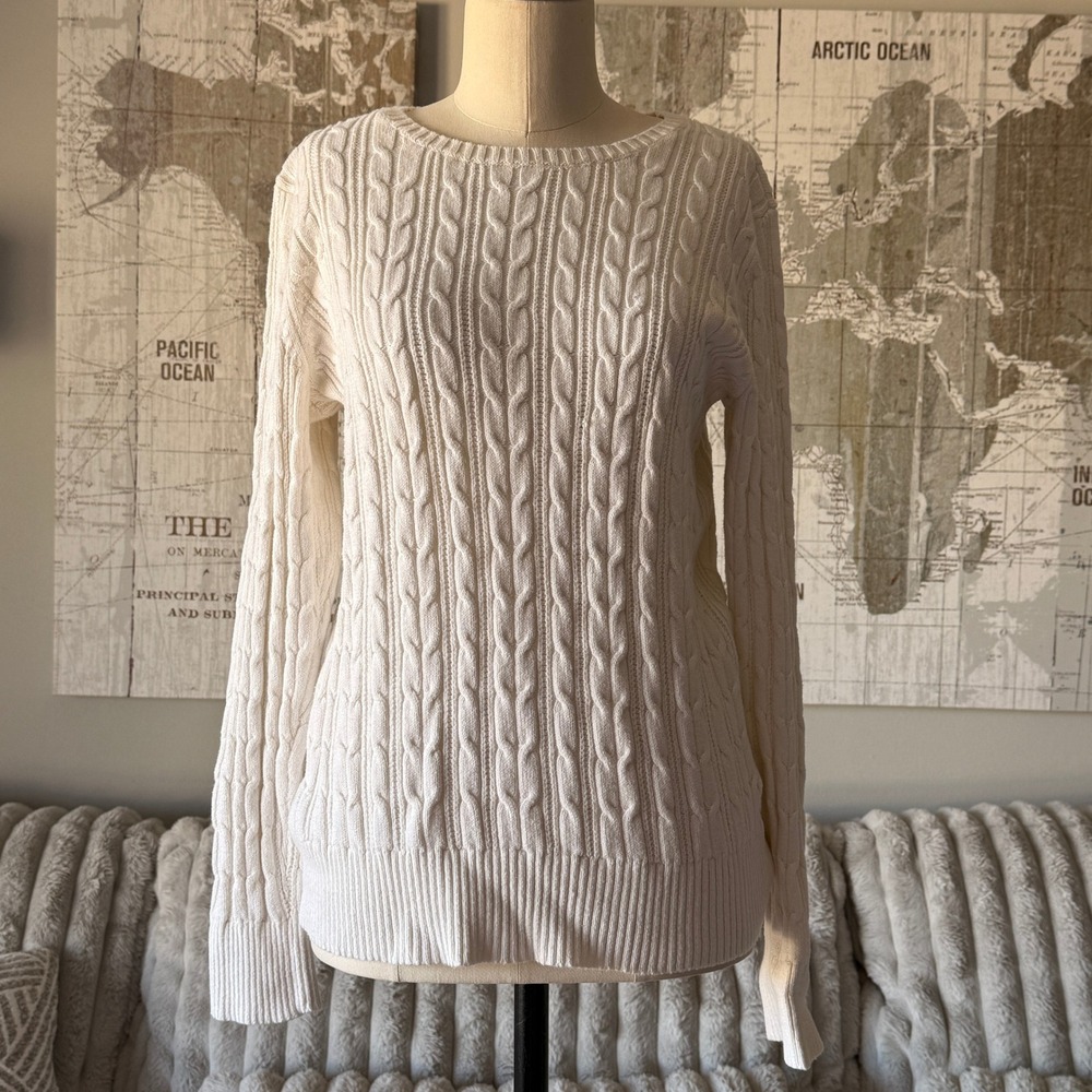 St Johns Bay Womens Cream Cable Knit Sweater Long Sleeve Cotton Blend Large